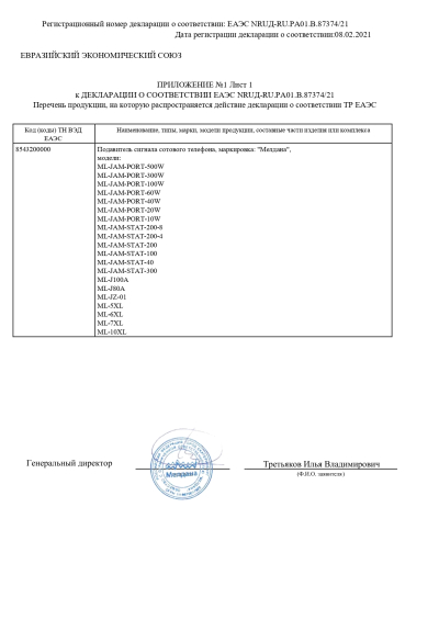 Сертификат Стационарный комплекс защиты от дронов малого радиуса "Малахит-1"